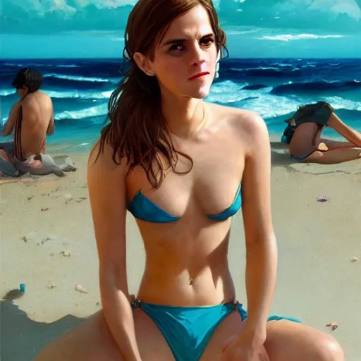 Image similar to highly detailed painting of emma watson wearing a bikini, gta 5 cover art gta 5 cover art, stephen bliss, 8 k, by greg rutkowski, loish, rhads, artgerm, ferdinand knab, makoto shinkai and lois van baarle, ilya kuvshinov, rossdraws, global illumination, radiant light, detailed and intricate environment