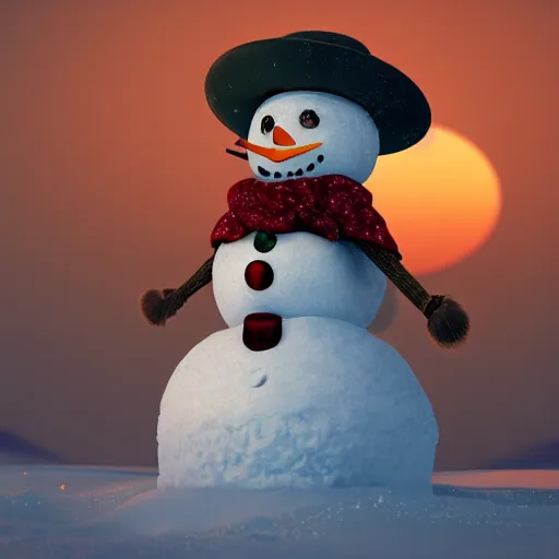 Image similar to a highly detailed snowman with a smile, artstation, DeviantArt, professional, octane render, sunset lighting