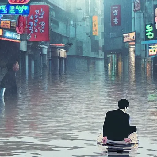 Image similar to seoul city is flooded by heavy rain. A guy with suit is sitting on the top of the A car is middle of the street flooded. Shinkai Makoto Ghibli anime style