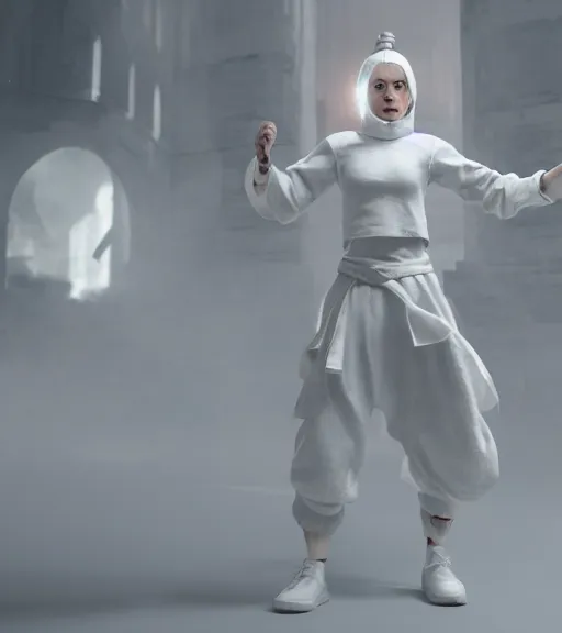 Image similar to a female monk dressed in white tapered clothes controlling the spirits around her, octane render, character art, fighting pose, action pose, digital art, trending on artstation, 8k, epic composition, highly detailed, sharp focus