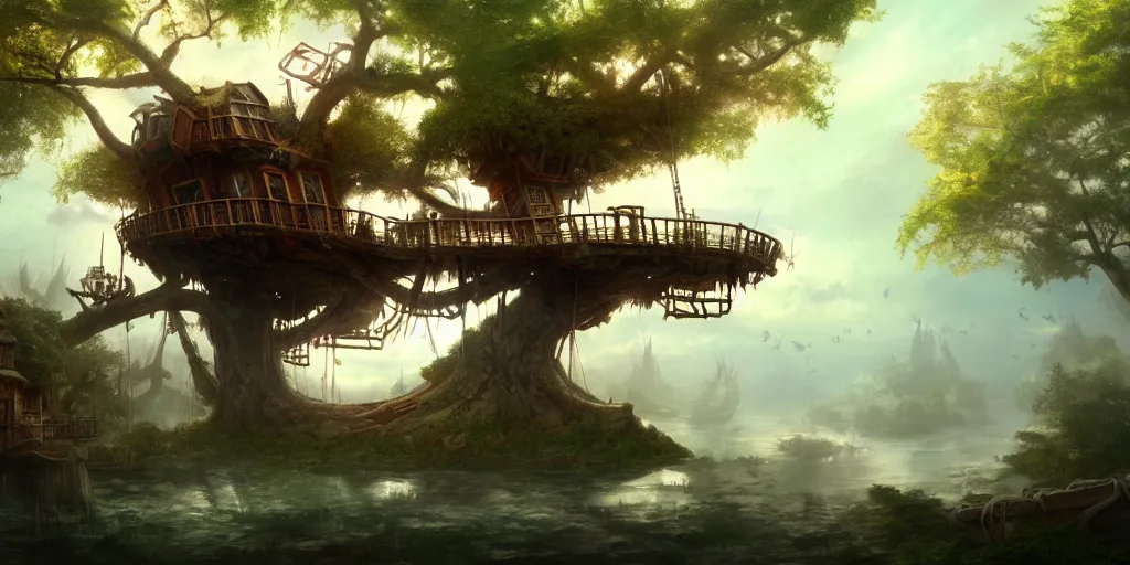 Prompt: A treehouse made out of a derelict pirate ship, the treetops of giant oaks, game art matte painting hyperdetailed, artstation, cgsociety, 8k, surreal dream landscape