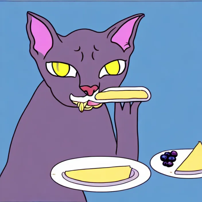 Prompt: an anthropomorphic sphynx cat eating blueberry pie, deviantart, furry, low quality, ms paint