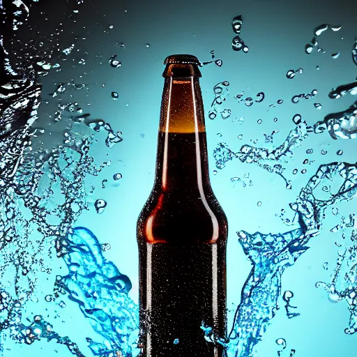 Image similar to a photo of a bottle of beer, product photo, splashes of liquid, energetic, delicate by marcel christ