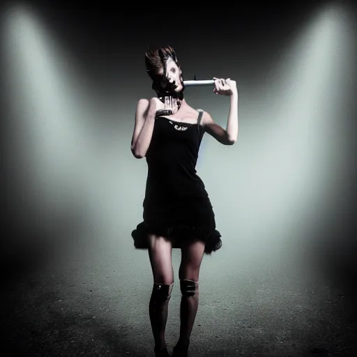 Prompt: supermodel in silent hill, on stage at heaven's night nightclub, 8 k, realistic, fashion photography, real person