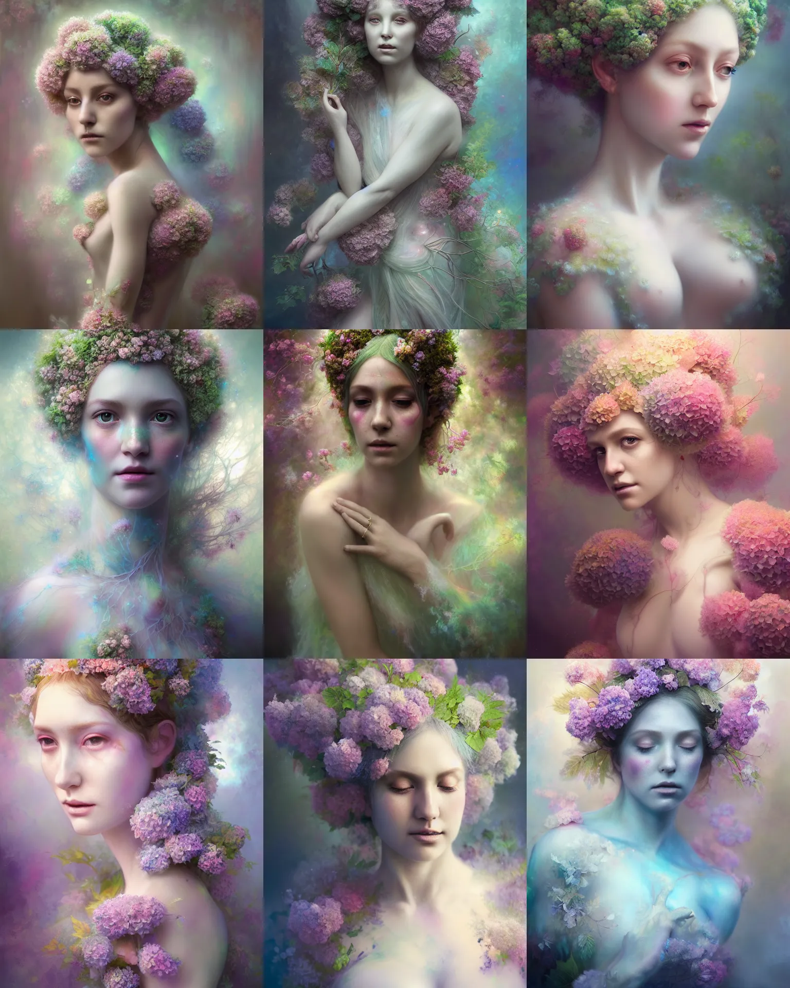 Prompt: Full view realistic Portrait ethereal hydrangea dryad wearing beautiful dress, deity of hydrangeas, mystical, 4k digital masterpiece by Alberto Seveso and Anna Dittman, Ruan Jia, rossdraws, medium shot, fantasycore, Hyperdetailed, realistic oil on linen, soft lighting, Iconography background, featured on Artstation