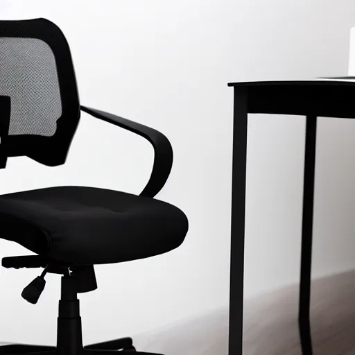 Prompt: Photograph of an office chair made from black steel parts, futuristic design, 8K HD, engineered, minimalist style, product shot