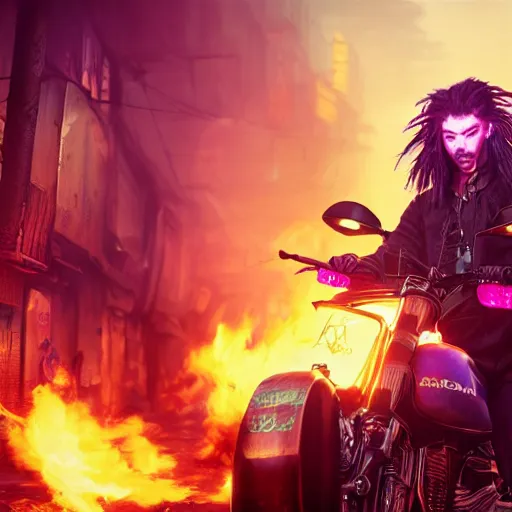 Image similar to portrait painting of a street samurai with long purple hair riding a motorcycle through a burning cyberpunk slum, glitchwave, ultra realistic, concept art, intricate details, eerie, highly detailed, photorealistic, octane render, 8 k, unreal engine. art by artgerm and greg rutkowski