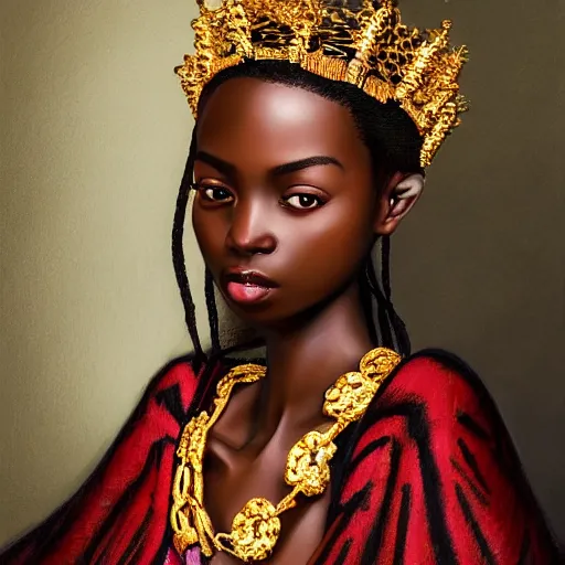 Image similar to A masterpiece portrait of a Incredibly beautiful African girl model in European royal barocco clothes. With big rich jewelry. In Queen\'s crown. Vogue. trending on artstation, digital art, by Stanley Artgerm Lau, WLOP, Rossdraws, James Jean, Andrei Riabovitchev, Marc Simonetti, Yoshitaka Amano