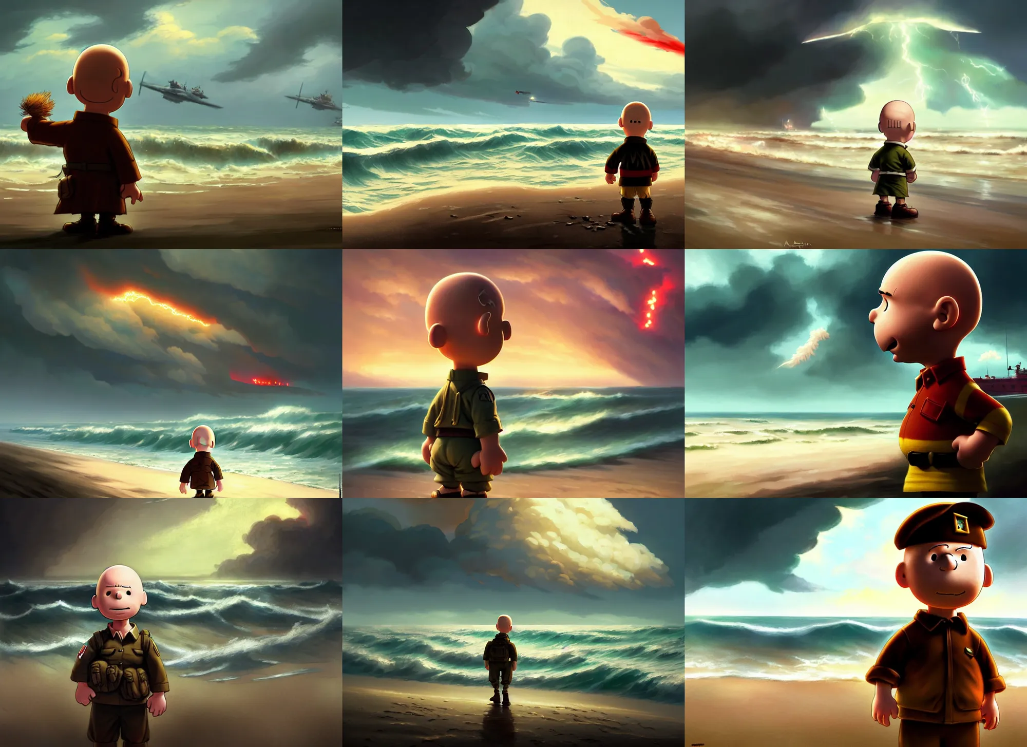 Prompt: beautiful portrait of charlie brown storming the beaches of normandy during d - day during world war 2. stormy sky. explosions. war horror. character design by disney, charlie bowater, ross tran, artgerm, and makoto shinkai, detailed, soft lighting, rendered in octane