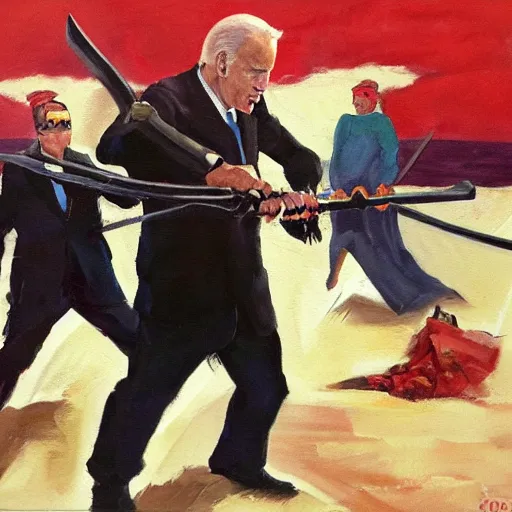 Image similar to Joe Biden with an eyepatch fighting off hordes of obese americans with a katana, action shot, dynamic pose, oil painting