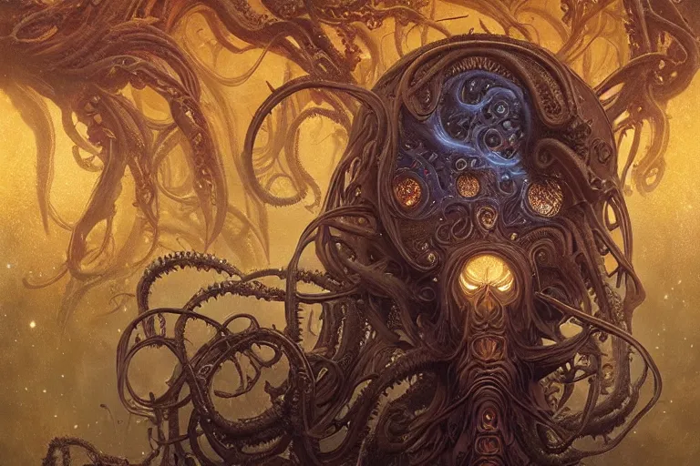 Image similar to a lovecraftian painting of cthulhu face of cosmic horror, cosmic horror elements, ultra realistic, concept art, intricate details, eerie, highly detailed, photorealistic, octane render, 8 k, unreal engine. art by artgerm and greg rutkowski and alphonse mucha