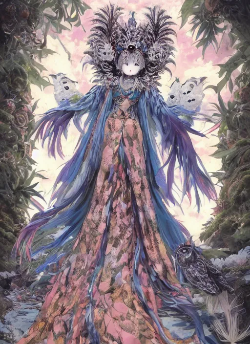 Prompt: full body portrait goddess of the owls in feathered robe, humanoid, forest ritual, throne, yoshitoshi abe, sketch, concept art, Kyoto animation,last exile, blue submarine no. 6,loish, murata range, kawaii, yoshitaka amano, studio lighting, manga, bright colors, beautiful, 28mm lens, vibrant high contrast, gradation, jean giraud, fantasy, rule of thirds, fibonacci, intricate, detailed, flat, matte print, sharp, gustav klimt, makoto shinkai, Ilya Kuvshinov, soft eyes