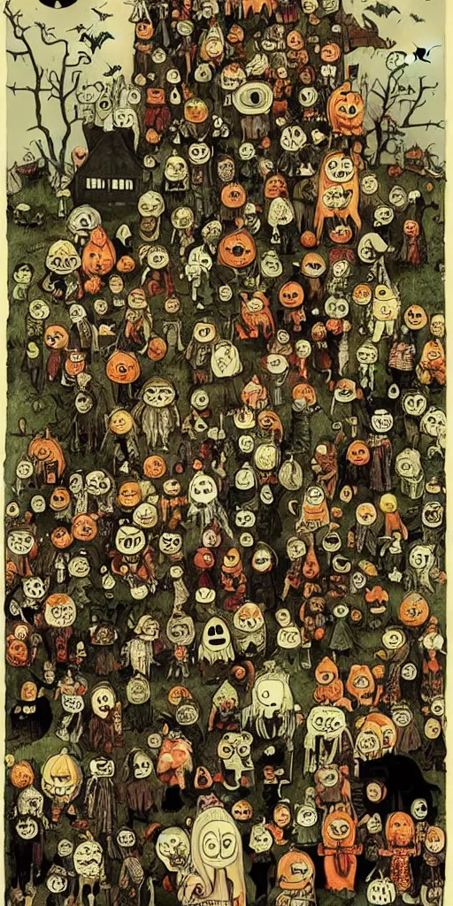 Prompt: a vintage halloween scene by alexander jansson and where's waldo