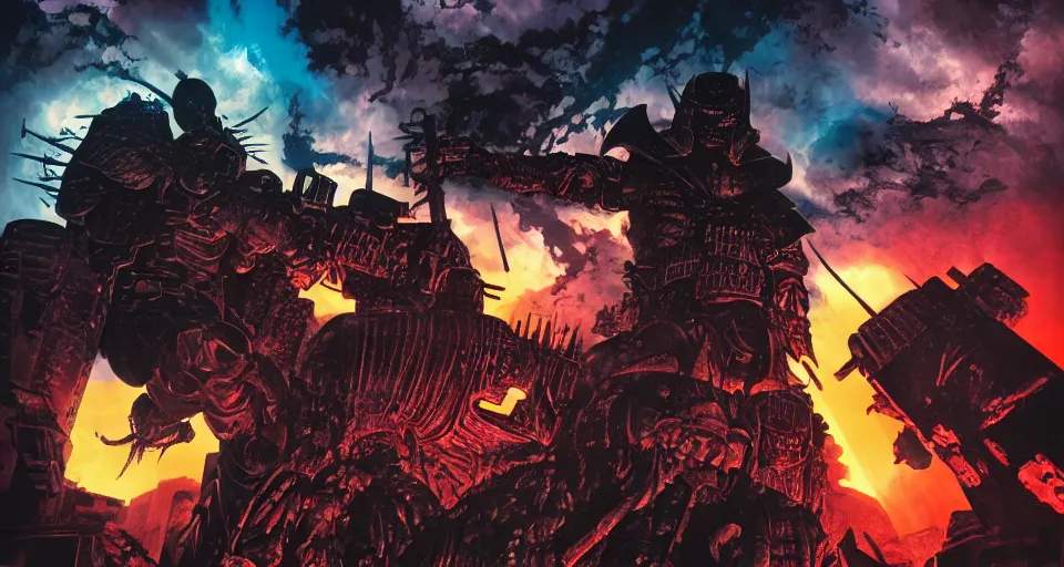 Image similar to Judge Death Versus Judge Dredd In Hell, bats, sunset, volumetric lighting, hyperrealistic, beautiful details, HDR, octane render, action shot, wide angle, bokeh, Yasushi Niarasawa Moebius Jim Steranko Style