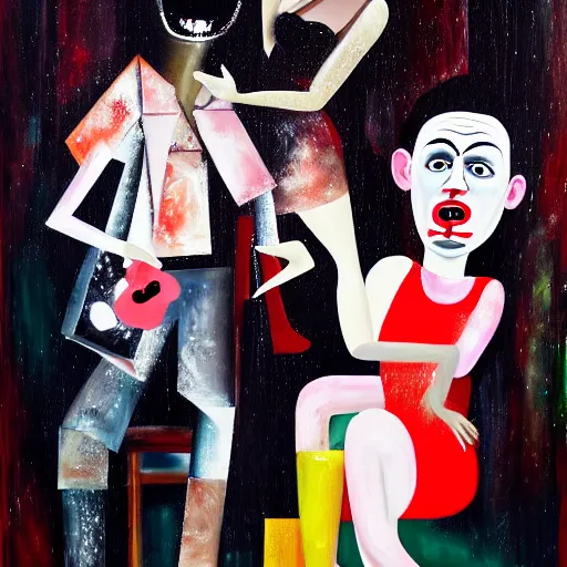 Prompt: young drunk and falling in love in the club, in the style of georgoe condo, by george condo, by george condo fx, cinematic, dramatic, photography painting, portrait, post processing, post - production, tone mapping, cgi, vfx