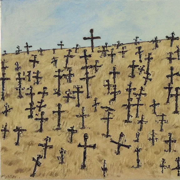 Image similar to crosses on gravel hill from distance, childrens drawing