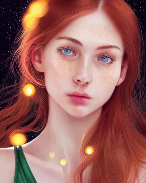 Image similar to a happy, modern looking young woman looking over shoulder, intricate detailed dress, among the lights of golden fireflies and nature, long loose red hair, bright green eyes, small nose with freckles, triangle shape face, smiling, dreamy scene, golden ratio, high contrast, hyper realistic digital art by caravaggio and artgerm.