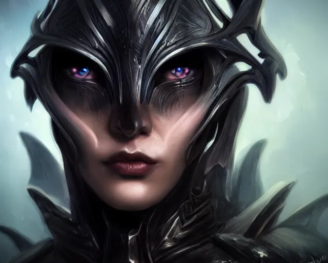 Prompt: extreme close up portrait of a dark elf in futuristic black leather armor, reflective black, bottom up lighting, stoic, poised, deep focus, d & d, fantasy, intricate, highly detailed, digital painting, artstation, concept art, matte, sharp focus, illustration, hearthstone, art by artgerm and greg rutkowski and alphonse mucha