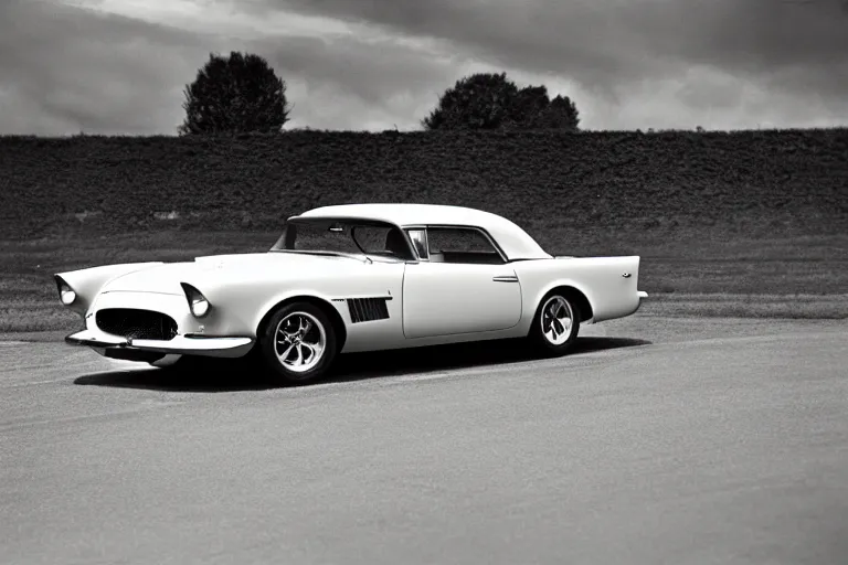 Image similar to 1955 Pontiac Firebird, movie still, speed, cinematic Eastman 5384 film