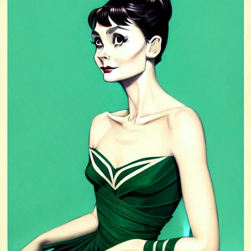 Prompt: in the style of joshua middleton, artgerm, beautiful audrey hepburn, aquapunk, bioshock, full body green dress, elegant pose, spooky, symmetrical face symmetrical eyes, three point lighting, detailed realistic eyes, insanely detailed and intricate elegant, underwater home