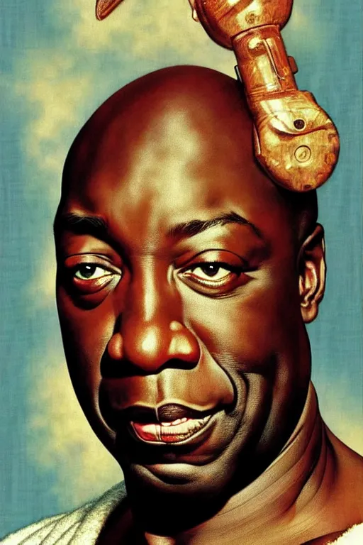 Image similar to michael clarke duncan by gil elvgren and norman rockwell and rob gonsalves and hajime sorayama, hyperrealistic, high detail, ultra detailed, highly detailed face, ruffled fabric