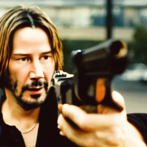 Image similar to a photo of keanu reeves aiming a gun at melanie laurent kodak portra 4 0 0, 8 k, macro, cinematic style by emmanuel lubezki