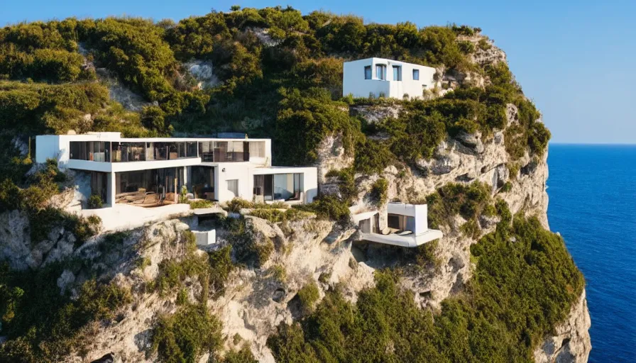 Prompt: modern house perched on a cliff overlooking a magnificient bay, raphael lacoste