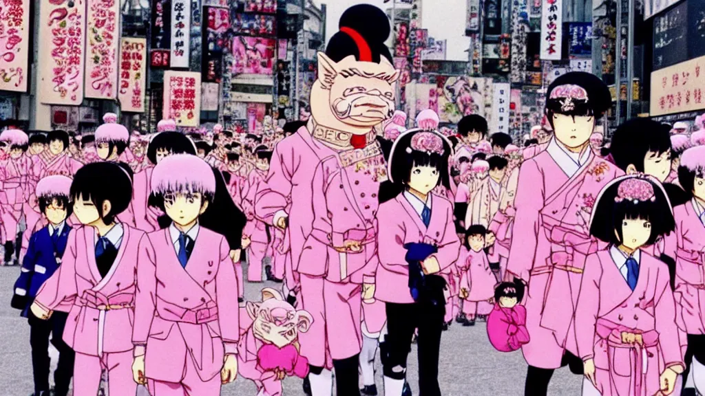 Image similar to manga of the imperial family in a parade on the streets Tokyo the imperial family are all dressed in pink and wearing pig masks, film still from the an anime directed by Katsuhiro Otomo with art direction by Salvador Dalí, wide lens