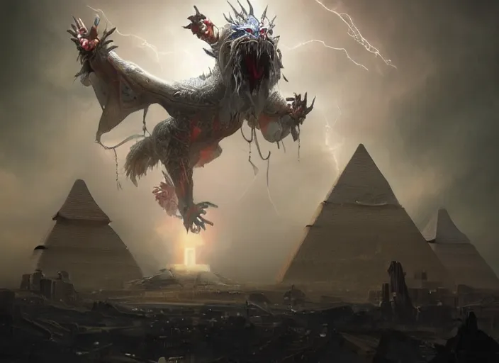 Image similar to luxurious white chinese dragon hovering side of a cyberpunk egyptian pyramid, lightning and thunder during blood moon, by greg rutkowski, james jean, peter mohrbacher, rule of thirds, sigma look, beautiful, intricate, majestic, award winning