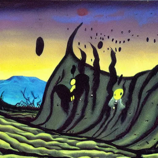 Prompt: dark emo painting of a landscape by dr seuss | horror themed | creepy