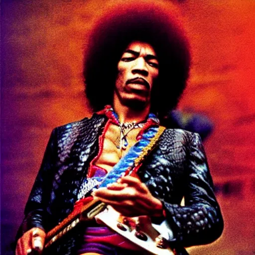 Image similar to jimi hendrix playing a snake, color photo, cinematic