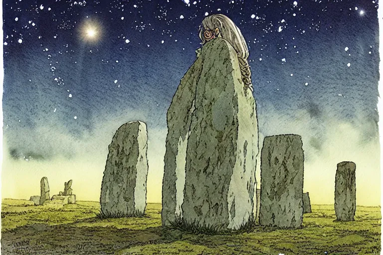 Prompt: hyperrealist studio ghibli watercolor fantasy concept art of a 1 0 0 ft. giant sitting on stonehenge. it is a misty starry night. by rebecca guay, michael kaluta, charles vess