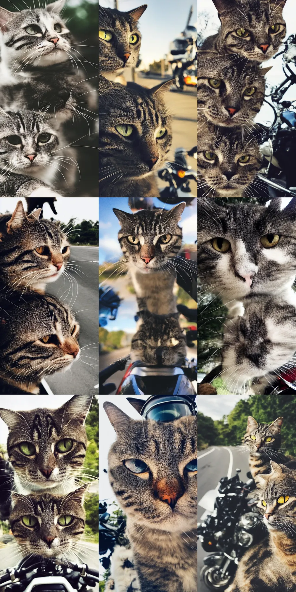 Prompt: A close-up photograph of a cat with wide open eyes standing on a motorcyclist\'s shoulder while going at full speed, phone camera, trending on tumblr