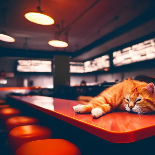 Prompt: An orange tabby cat sleeping on a counter at a cyberpunk diner at night, atmospheric neon lighting, beautiful, etherial, realistic,