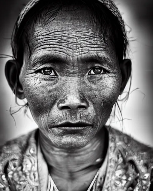 Image similar to Award winning Portrait photo of a Native Myanmarese with hyper-detailed hair and beautiful eyes wearing traditional garb by Lee Jeffries, 85mm ND 5, perfect lighting, gelatin silver process