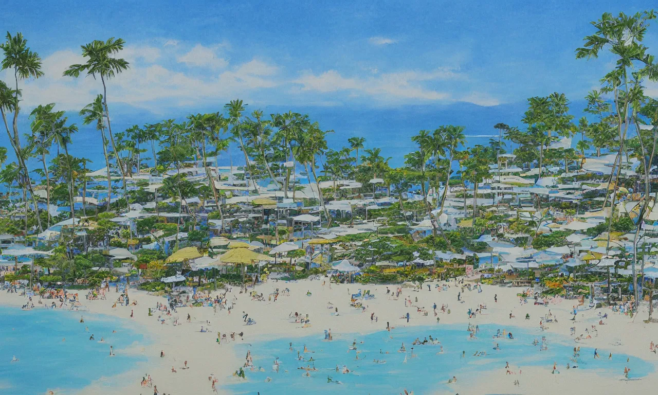 Prompt: a beautiful painting of a resort leading to a view of the beach, by masaaki sasamoto, trending on artstation