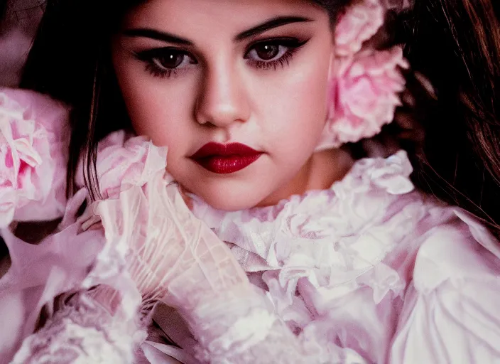 Image similar to closeup portrait of selena gomez wearing adorable victorian gothic lolita fashion, portra 4 0 0 candid photograph portrait by annie leibovitz, 3 5 mm macro shot, f / 3 2, hyperrealistic, cinematic lighting, hd wallpaper, 8 k, 4 k