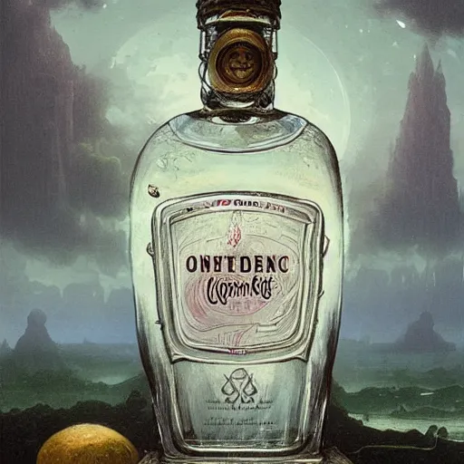 Prompt: A bottle of gin filled with tiny creatures, fullbody, artstation, fantasy, concept art, dark, moonlight, incredible, smooth, sharp focus, illustration, art by greg rutkowski and orientalism and bouguereau and Zdzislaw Beksinski, good clear quality, lighting, biology, symmetrical artwork, perfect face, 135 mm, cinematic, hyper realism, high detail, octane render, 8k, chrome accents