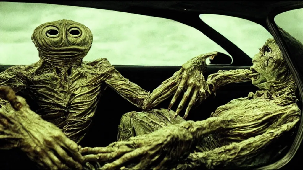 Image similar to the creature sits in a car, made of wax and metal, film still from the movie directed by Denis Villeneuve and David Cronenberg with art direction by Salvador Dalí, wide lens