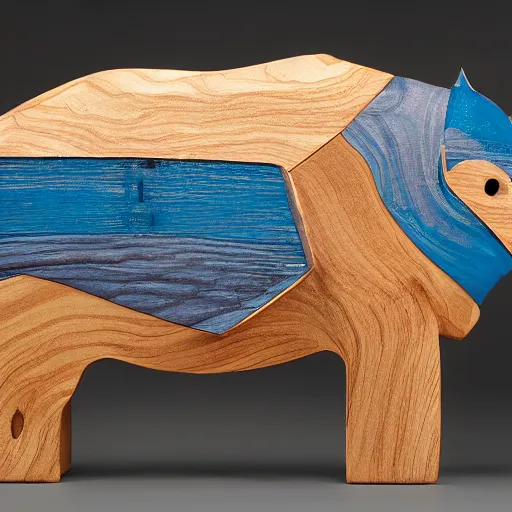 Prompt: studio zeiss 1 5 0 mm f 2. 8 hasselblad, wood, a photo of a model hippo made of repurposed elm wood composite mixed with straight lines blue epoxy resin, dramatic lighting, award - winning photo, epoxy resin