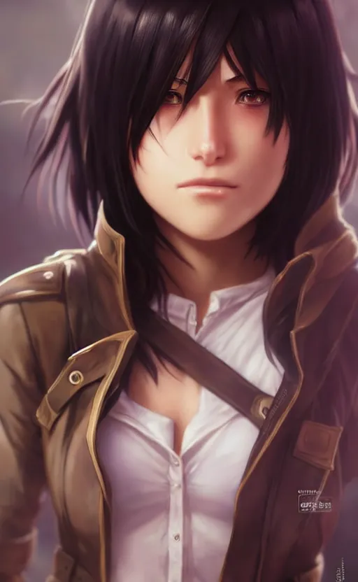 Image similar to mikasa ackerman, hero pose, medium shot, bokeh, beautiful face!!!!, 2 7 years old, cg animation, lifelike, animated, realistic, character select portrait, by artgerm, greg rutkowski, alphonse mucha, 3 d