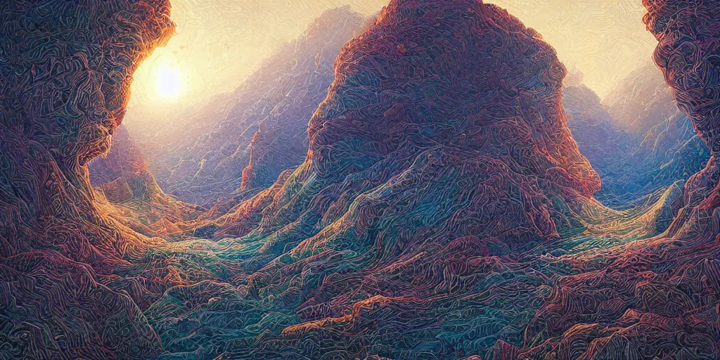 Image similar to landscape, android jones, dan mumford