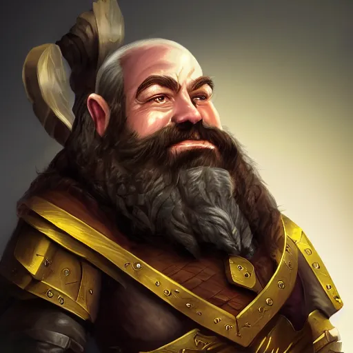 Image similar to portrait, 40 years old :: fantasy dwarf, thin :: beard, brown eyes, short pure white hair :: full plate armor litely golden :: high detail, digital art, RPG, concept art, illustration