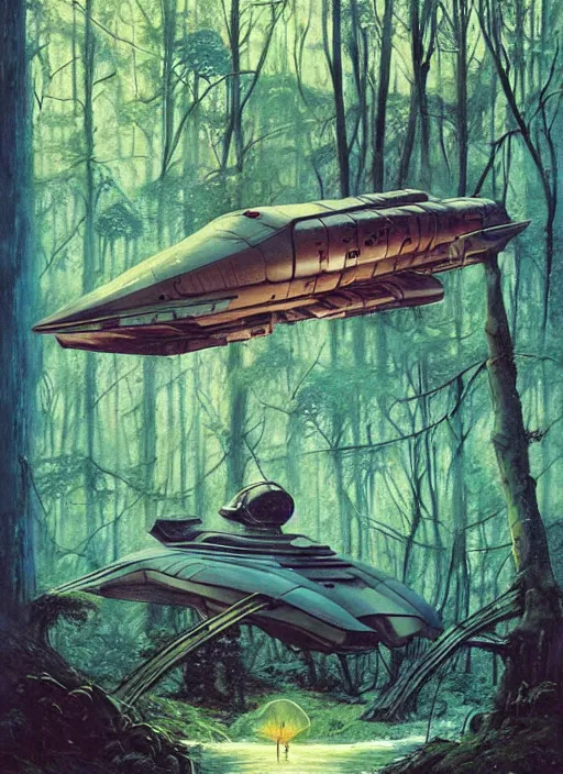 Image similar to hyper realistic spaceship in the woods by a river gorgeous lighting, lush forest foliage blue sky a hyper realistic painting by chiara bautista and beksinski and norman rockwell and greg rutkowski, weta studio, and lucasfilm