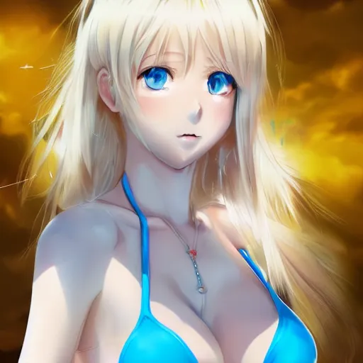 Image similar to picture : a beautiful young blond anime girl, sky blue eyes, bikini, white miniskirt, highly detailed, cinematic wallpaper by stanley artgerm lau