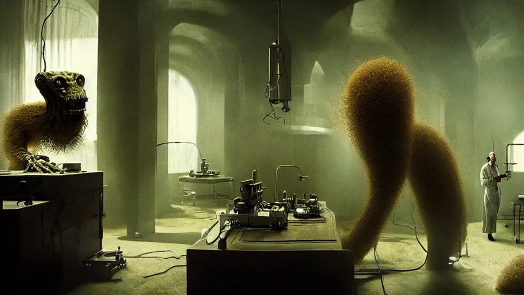 Image similar to a mad scientist in his lab, creates a creature, film still from the movie directed by denis villeneuve and david cronenberg with art direction by salvador dali and agostino arrivabene, wide lens