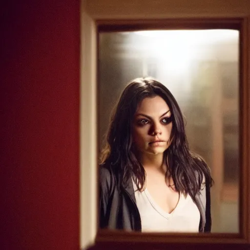 Prompt: Mila Kunis in an indie slasher movie, movie still, XF IQ4, f/1.4, ISO 200, 1/160s, 8K, RAW, unedited, symmetrical balance, in-frame, sharpened