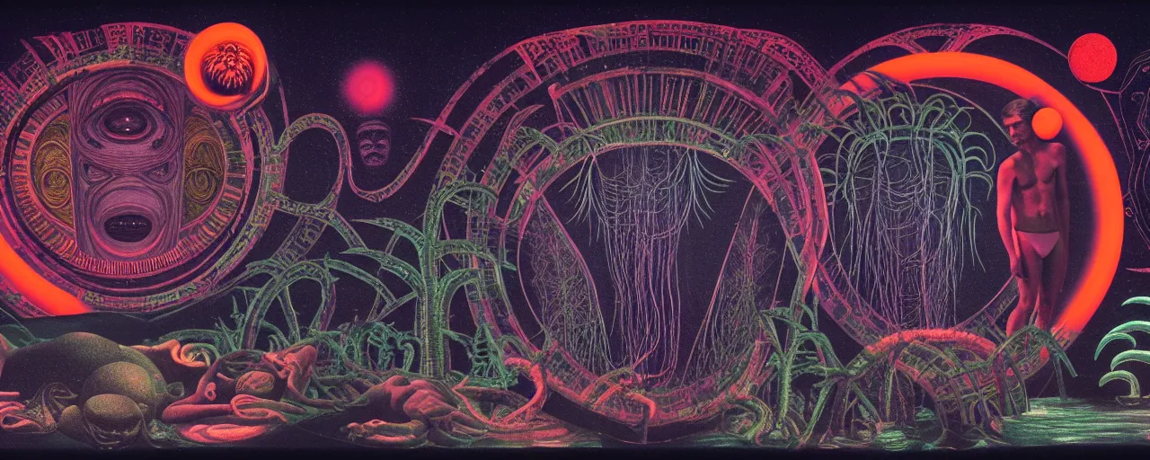 Prompt: 1978 cut out collage, theater stage, neon Roman, dusk on Jupiter, epic theater, deep sea ambience, ancient plants, film noir, in part by Alex Grey, part by August Ferdinand Möbius, composition William S Boroughs, written by H. P. Lovecraft