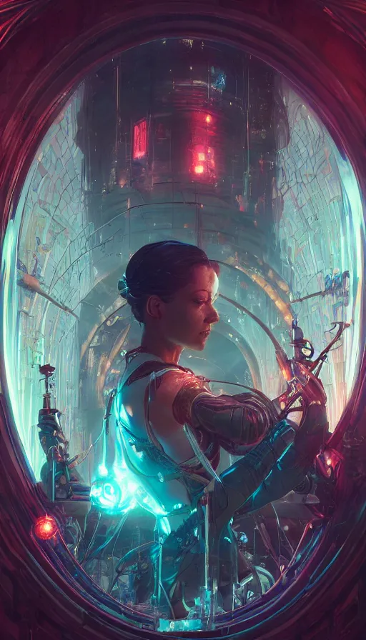 Image similar to eve, altered carbon, neon, fibonacci, sweat drops, insane intricate, bioshock, highly detailed, digital painting, artstation, concept art, smooth, sharp focus, illustration, unreal engine 5, 8 k, art by artgerm and greg rutkowski and alphonse mucha