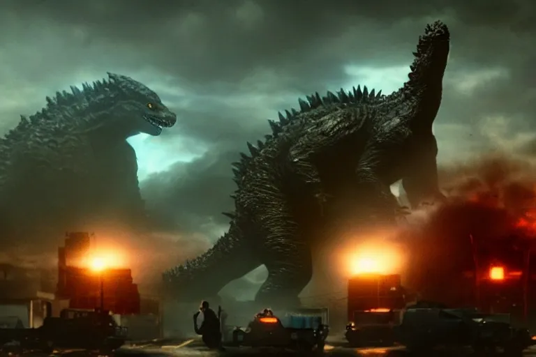 Prompt: two godzillas!!! sitting in the living room!!! couch!!! playing playstation in the couch, sitting with playstation controllers, playing videgames, in the living room, cinematic, epic lighting, still shot from the new godzilla movie